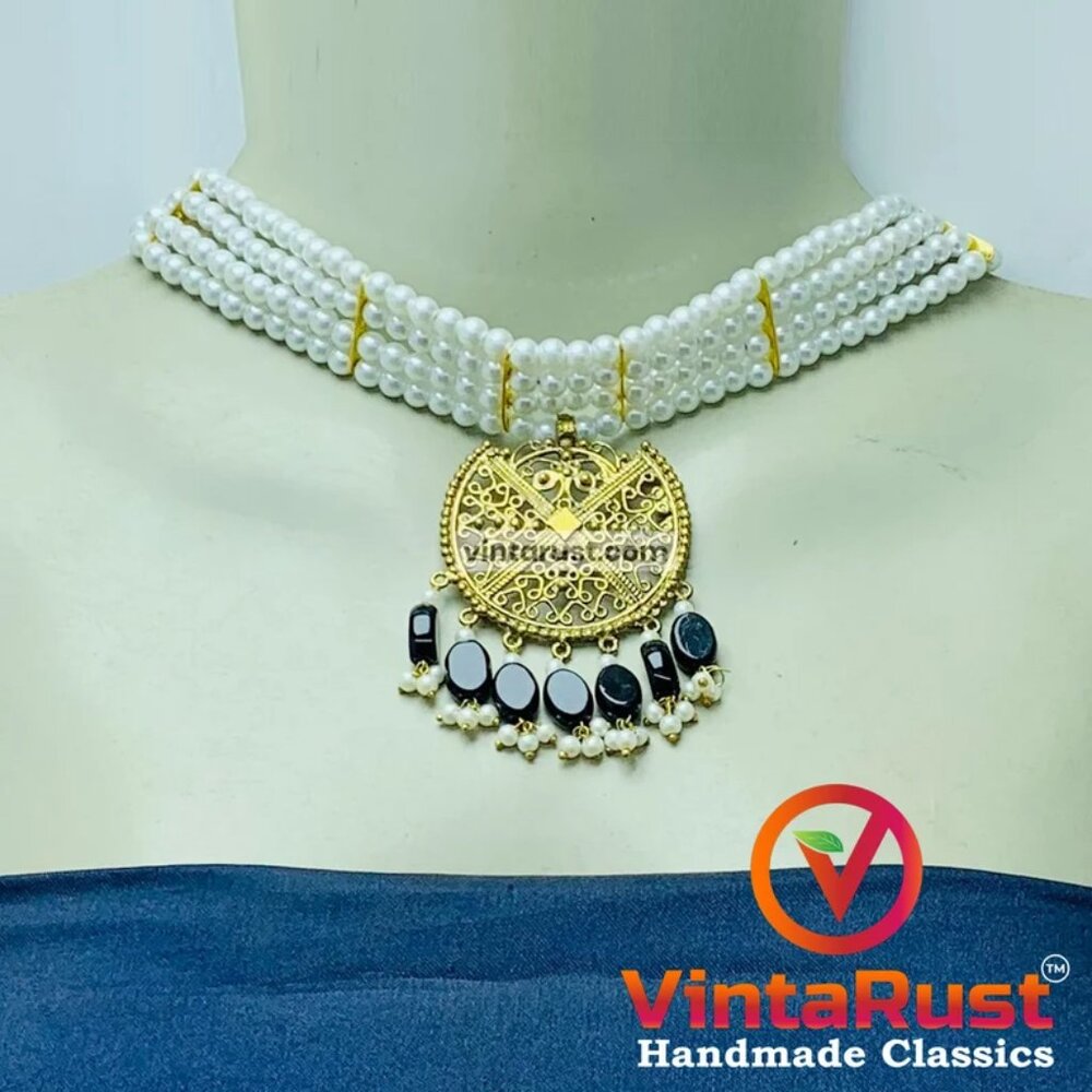 Handmade Pearl Choker Necklace Set: Ethnic Tribal Wedding Jewelry